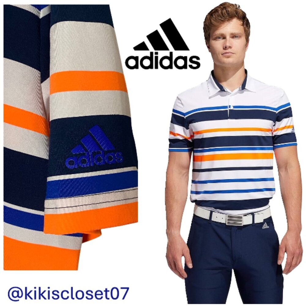 Adidas Ultimate365 Striped Golf Polo/White,Blue,Orange/ L